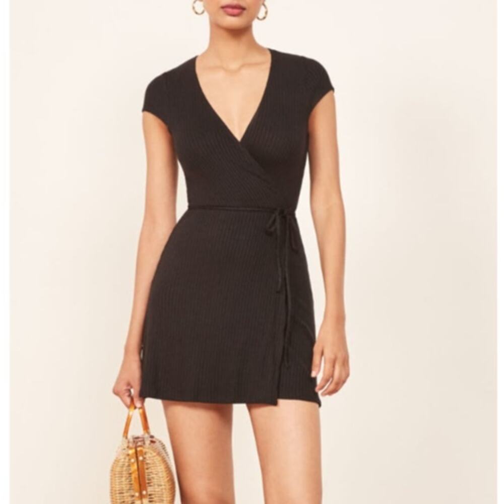 Reformation Ribbed V-Neck Wrap Tie Mini Dress Black Women's Size Large